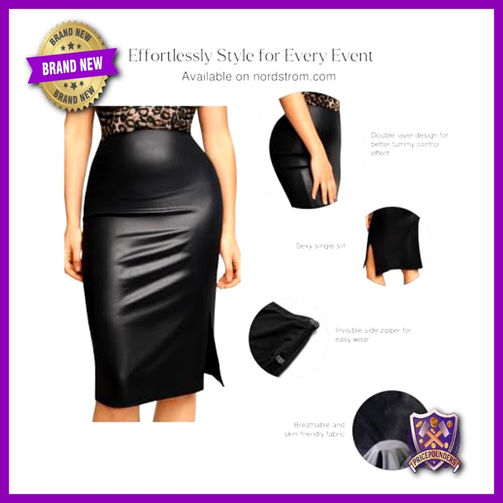 Faux Leather Midi Skirt with Built-in Shapewear Tummy Control High Waist - Picture 4 of 7